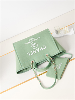 Cha.nel Deauville Large Shopping Bag Mixed Fibers Gold Tone Metal Green A66941