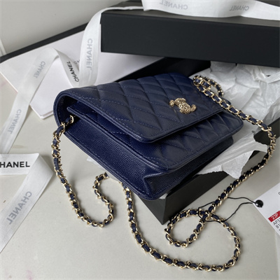 Cha.nel Wallet On Chain Grained Calfskin Gold Tone Metal Navy AP3180