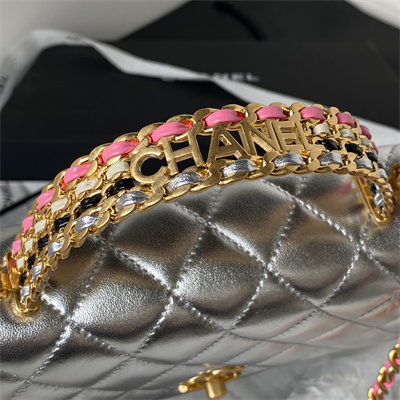 Cha.nel Wallet On Chain With Handel Shinny Calfskin Gold Tone Metal Silver AP3240