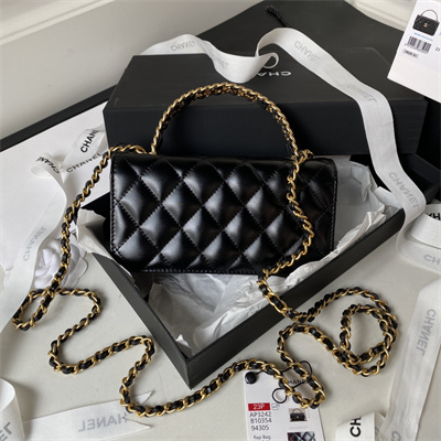 Cha.nel Wallet On Chain With Handel Shinny Calfskin Gold Tone Metal Black AP3242