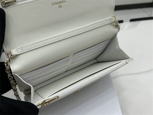 Cha.nel Wallet On Chain With Bowknot Grained Calfskin Gold Tone Metal White AP3304