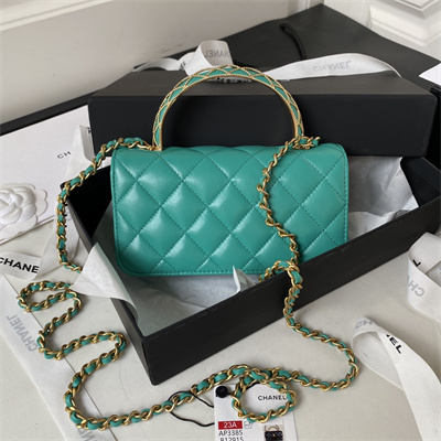 Cha.nel Wallet On Chain With Top Handle Shiny Calfskin Gold Tone Metal Green AP3385