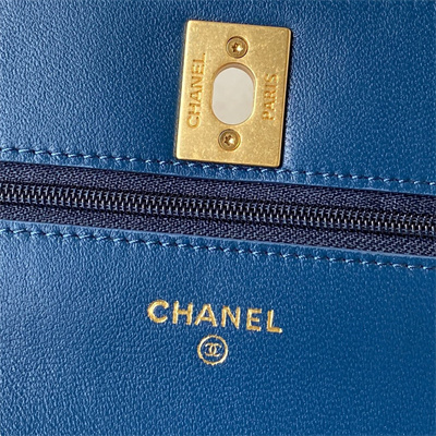Cha.nel Wallet On Chain Lambskin Gold Tone Metal Little lion Blue AP3424