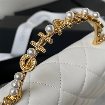 Cha.nel Wallet On Chain With Top Handle Lambskin Gold Tone Metal White AP3504