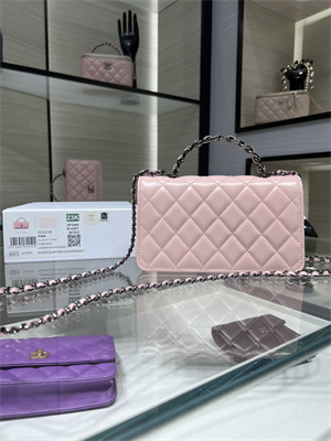 Cha.nel Wallet On Chain With Top Handle Shiny Calfskin Silver Tone Metal Pink AP3566