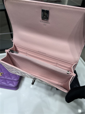 Cha.nel Wallet On Chain With Top Handle Shiny Calfskin Silver Tone Metal Pink AP3566