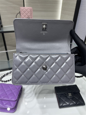 Cha.nel Wallet On Chain With Top Handle Shiny Calfskin Silver Tone Metal Grey AP3566