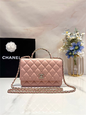 Cha.nel Wallet On Chain With Top Handle Lambskin Gold Tone Metal Light Pink AP3574