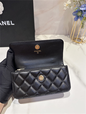 Cha.nel Wallet On Chain With Top Handle Lambskin Gold Tone Metal Black AP3575