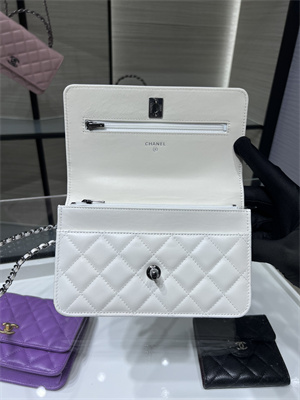 Cha.nel Wallet On Chain With Top Handle Shiny Calfskin Silver Tone Metal White AP3645