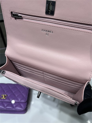 Cha.nel Wallet On Chain With Top Handle Shiny Calfskin Silver Tone Metal Pink AP3645