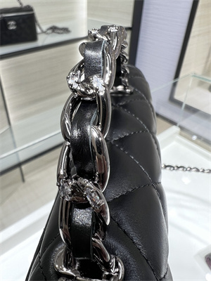 Cha.nel Wallet On Chain With Top Handle Shiny Calfskin Silver Tone Metal Black AP3645