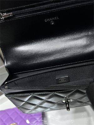 Cha.nel Wallet On Chain With Top Handle Shiny Calfskin Silver Tone Metal Black AP3645