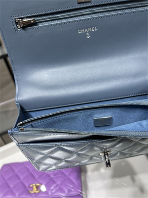 Cha.nel Wallet On Chain With Top Handle Shiny Calfskin Silver Tone Metal Blue AP3645