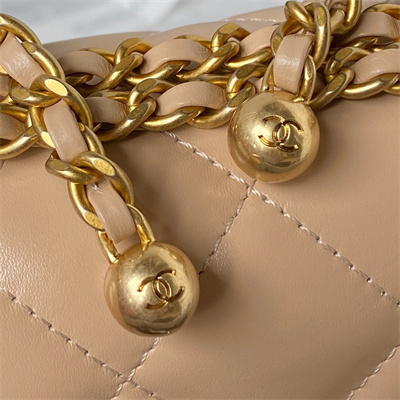 Cha.nel Mini Flap Bag Calfskin With Gold Ball Gold Tone Metal Beige AS2615