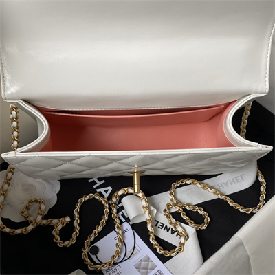 Cha.nel Small Flap Bag Calfskin With Gold Ball Gold Tone Metal White AS2649