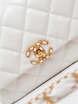 Cha.nel Flap Bag Aged Calfskin Gold Tone Metal White AS4423