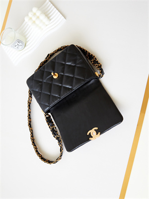 Cha.nel Flap Bag Aged Calfskin Gold Tone Metal Black AS4423