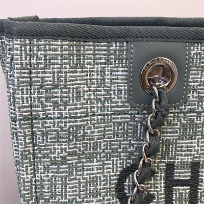 Cha.nel Deauville MM Shopping Bag Mixed Fibers Silver Tone Metal Green A67001