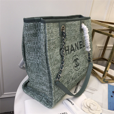 Cha.nel Deauville MM Shopping Bag Mixed Fibers Silver Tone Metal Green A67001