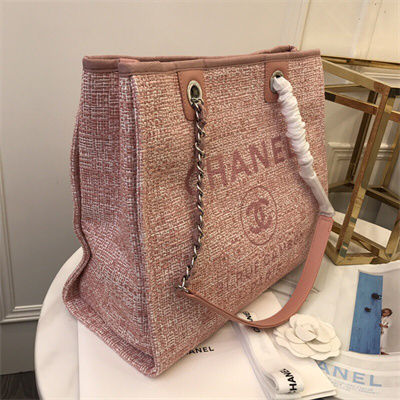 Cha.nel Deauville MM Shopping Bag Mixed Fibers Silver Tone Metal Pink A67001
