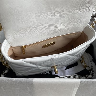 Cha.nel 19 Handbag Shiny Aged Calfskin Gold Double C Metal White AS1160