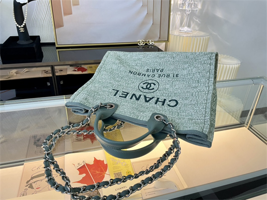 Cha.nel Deauville Large Shopping Bag Mixed Fibers Silver Tone Metal Lt Green A66941