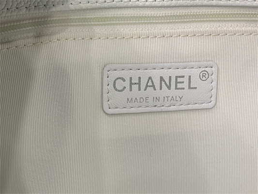 Cha.nel Shopping Bag Grained Calfskin Silver Tone Metal White A50995