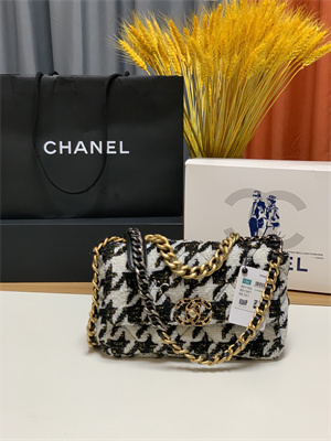 Chanel 19 Handbag Wool Tweed Gold Double C Metal Black/White AS1160
