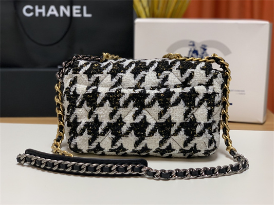 Chanel 19 Handbag Wool Tweed Gold Double C Metal Black/White AS1160