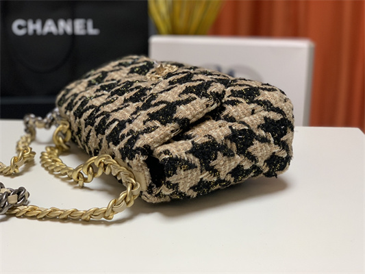 Cha.nel 19 Large Handbag Wool Tweed Gold Double C Metal Black/Beige AS1161