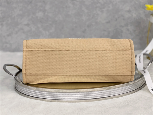 Cha.nel Deauville MM Shopping Bag Mixed Fibers Silver Tone Metal Beige A67001