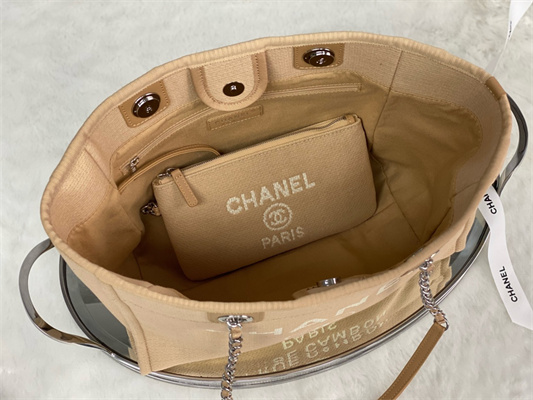 Cha.nel Deauville MM Shopping Bag Mixed Fibers Silver Tone Metal Beige A67001