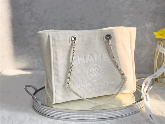 Cha.nel Deauville MM Shopping Bag Mixed Fibers Silver Tone Metal Cream A67001