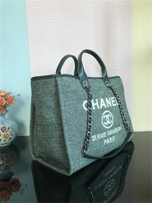Cha.nel Deauville Large Shopping Bag Mixed Fibers Silver Tone Metal Green A66941