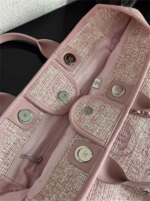 Cha.nel Deauville Large Shopping Bag Mixed Fibers Silver Tone Metal Pink A66941