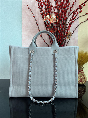 Cha.nel Deauville Large Shopping Bag Mixed Fibers Silver Tone Metal Grey Blue A66941