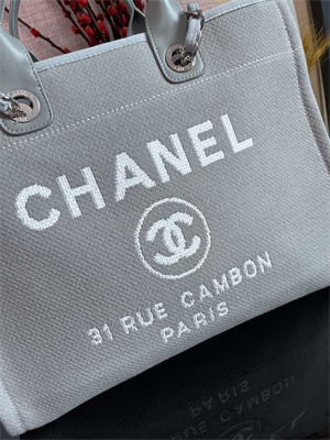 Cha.nel Deauville Large Shopping Bag Mixed Fibers Silver Tone Metal Grey Blue A66941