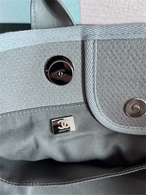 Cha.nel Deauville Large Shopping Bag Mixed Fibers Silver Tone Metal Grey Blue A66941
