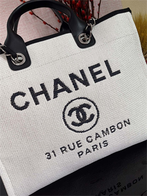 Cha.nel Deauville Large Shopping Bag Mixed Fibers Silver Tone Metal Cream A66941