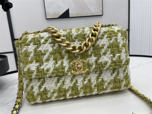 Cha.nel 19 Large Handbag Wool Tweed Gold Double C Metal Green/White AS1161