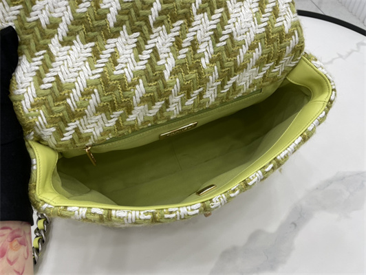 Cha.nel 19 Large Handbag Wool Tweed Gold Double C Metal Green/White AS1161