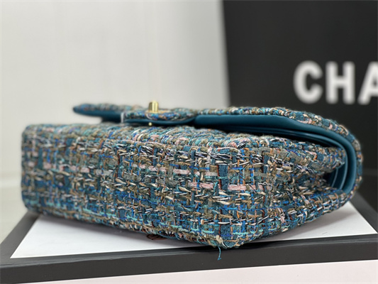 Cha.nel Medium Classic Flap Bag Tweed Gold Tone Metal Blue A01112