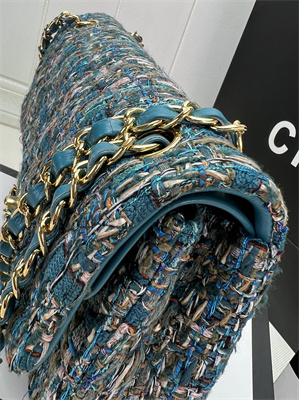 Cha.nel Medium Classic Flap Bag Tweed Gold Tone Metal Blue A01112
