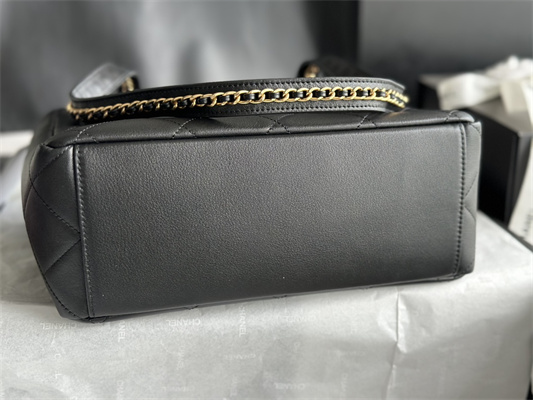 Cha.nel Shopping Bag Smooth Calfskin Gold Tone Metal Black AS3508