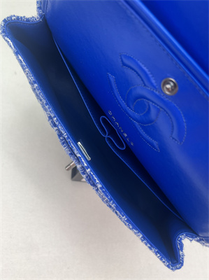 Cha.nel Medium Classic Flap Bag Tweed Silver Tone Metal Blue A01112