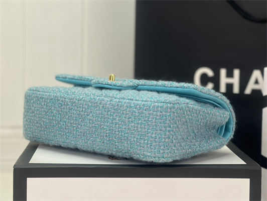 Cha.nel Medium Classic Flap Bag Tweed Gold Tone Metal Blue A01112