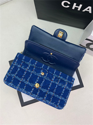 Cha.nel Medium Classic Flap Bag Tweed Gold Tone Metal Blue A01112