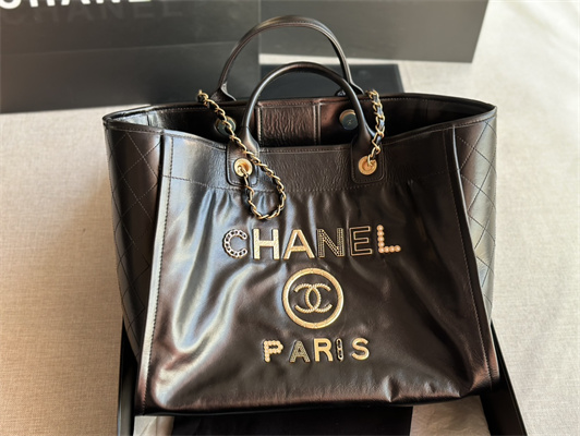 Cha.nel Deauville Large Shopping Bag Shiny Calfskin Gold Tone Metal Black A66941