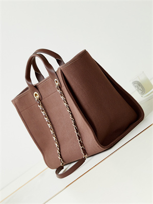 Cha.nel Deauville Large Shopping Bag Mixed Fibers Gold Tone Metal Caramel A66941